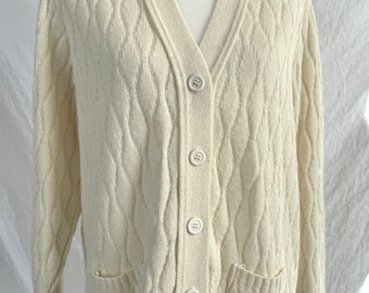 70's〜 Sears Acryl Knit Cardigan VINTAGE 70s Sears Sweater Womens Ivory Acrylic Knit Wood