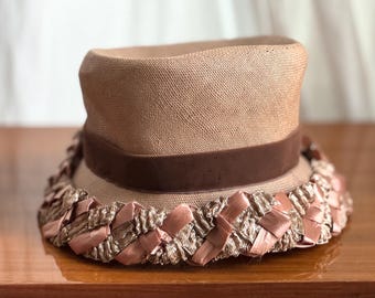 Vintage 50s Arnold Constable Platter Hat Tan Straw W Velvet  display picture 3