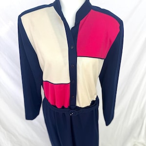 80s vintage dress by Willi of California navy, pink & white Mondrian style blocking , original belt, mandarin collar, below knee, size M