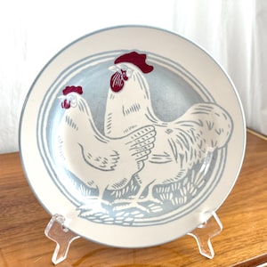 Set of two vintage white and cottage blue rooster plates, whimsical vintage folk art farmhouse style, rare find, 8.75&quot; excellent condition