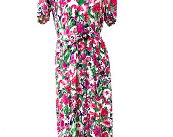 Vestido con estampado floral de los 80: mezcla de rayón vintage con cinturón (M/L)