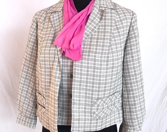 60s Fred Rothschild preppy-mod black or navy & white plaid 2 piece set w/button up shell and jacket with attached hot pink scarf. Size 14