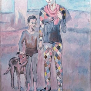 May include: An oil painting depicts two figures and a dog in an outdoor setting. One figure wears a harlequin costume with a pink scarf. The other figure is dressed in a leotard. A dog stands between them. A building is in the background.