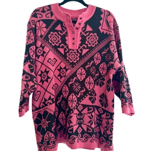 80s 90s Stefano International pink (magenta) and black sweater with black button detail at neck, one size, acrylic,
