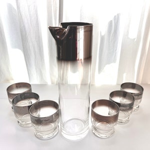 Fantastic Dorothy Thorpe style silver fade glass MCM cocktail set w tall pitcher and 6 stacking small lowball glasses, some wear, very cool