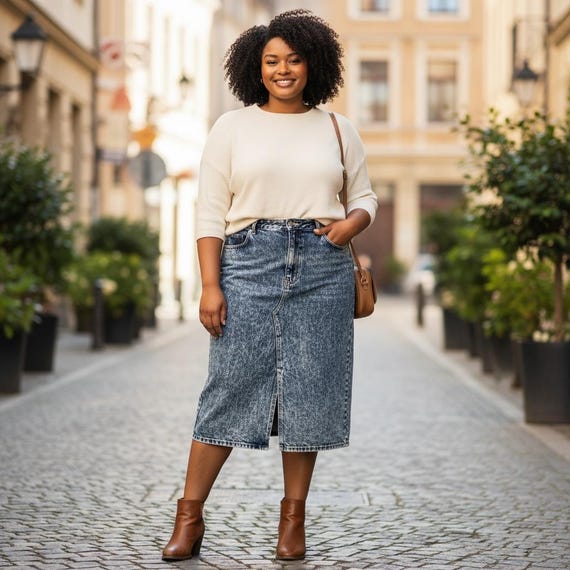 1980s Vintage Acid Wash Denim Midi Skirt - Venezia - Size Large