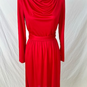 Slinky Red 70s or 80s dress, dead stock, NWT, polyester, original price 95.00, draped neckline, long sleeves, below the knee, matching belt