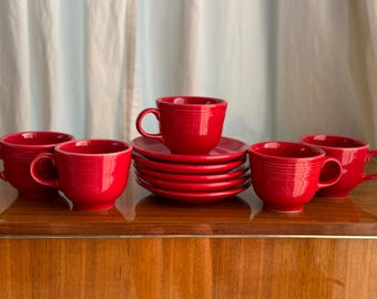 Set of Five Fiesta Red Cups and Saucers