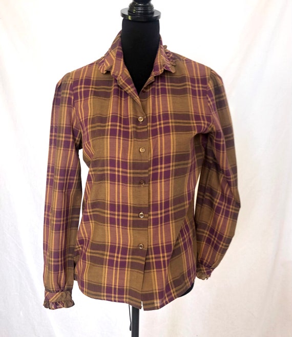 80s Purple & brown plaid blouse by Ralfi with ruff