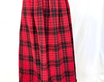 Zeldzame vintage Ralph Lauren midi-rok uit de jaren 80 met rood-zwart ruitpatroon van wol, taille 71 cm, gemaakt in de VS.