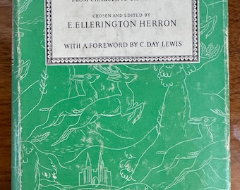 May include: A vintage book titled "The Way to Poetry" with a green cover featuring a white illustration of deer, trees, and castles. The book's title and author's name are in a white box.