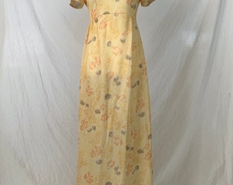 60s/70s bridesmaid dress, pale yellow with orange & grey flowers, lace trim scoop neckline, cap sleeves, floor length, homemade cutie!