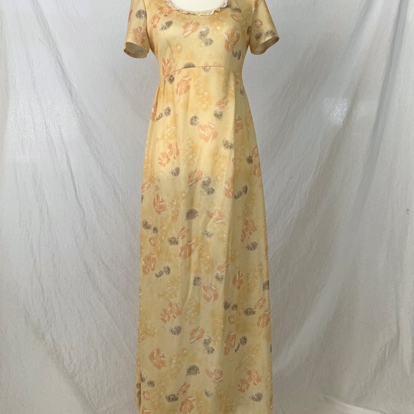 60s/70s bridesmaid dress, pale yellow with orange & grey flowers, lace trim scoop neckline, cap sleeves, floor length, homemade cutie!