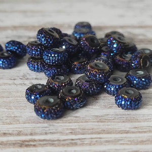 Set of 5, Small midnight blue oil spill rhinestone rondelle spacers, DIY, Crafter, drilled center, Ships from USA