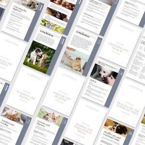 May include: A guide to pet care with chapters on choosing the right pet, grooming and hygiene, nutrition and feeding, exercise and playtime, health care and veterinary visits, training and behavioural issues, and travelling with pets. The guide features images of dogs, cats, and rabbits.
