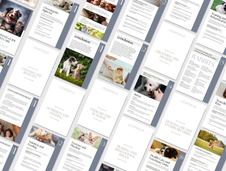 May include: A guide to pet care with chapters on choosing the right pet, grooming and hygiene, nutrition and feeding, exercise and playtime, health care and veterinary visits, training and behavioural issues, and travelling with pets. The guide features images of dogs, cats, and rabbits.