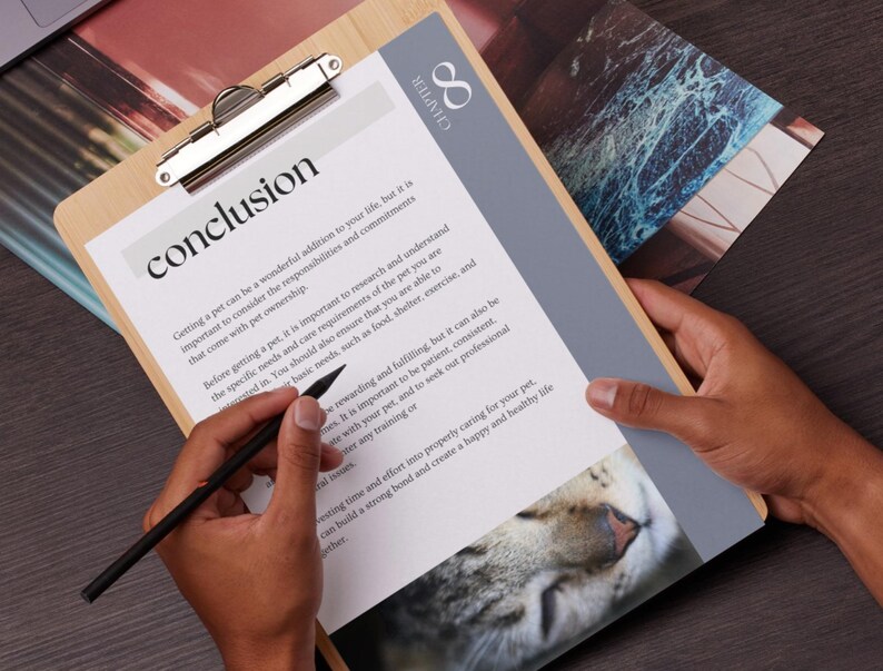 May include: A close-up of a clipboard with a white sheet of paper on it. The paper has the word "conclusion" written in bold black letters at the top. The text below discusses the responsibilities of pet ownership. A hand is holding a black pen and writing on the paper. The clipboard is on a wooden surface. A cat's face is visible in the bottom right corner of the image.