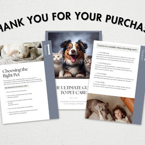 May include: A guide to choosing the right pet, with a chapter on the benefits of having a pet. The guide includes factors to consider when choosing a pet, such as your lifestyle, living space, budget, and lifestyle. The guide also includes a photo of a dog, a cat, and a rabbit.