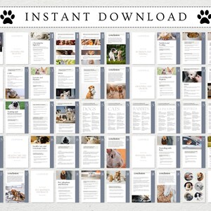 May include: A printable guide with 20 pages of information on caring for pets. The guide includes sections on choosing the right pet, nutrition and feeding, grooming and hygiene, training and behaviour, health care and veterinary visits, travelling with pets, and more. The guide features photos of various pets, including dogs, cats, rabbits, hamsters, and guinea pigs.