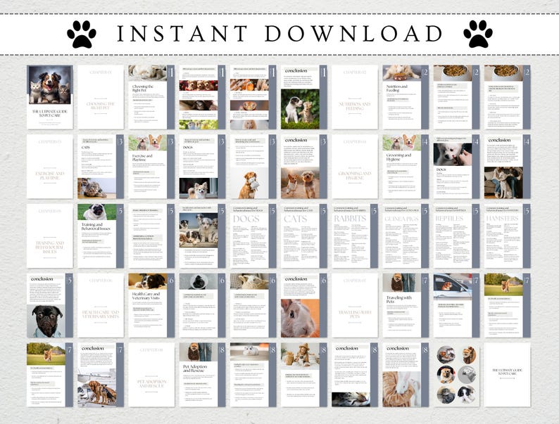 May include: A printable guide with 20 pages of information on caring for pets. The guide includes sections on choosing the right pet, nutrition and feeding, grooming and hygiene, training and behaviour, health care and veterinary visits, travelling with pets, and more. The guide features photos of various pets, including dogs, cats, rabbits, hamsters, and guinea pigs.