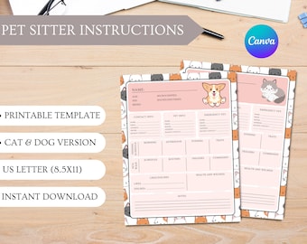 Pet Sitter Instruction Guide & Notes - Fillable, Printable and Canva Editable Template. Dog Sitter | Cat Sitter | Feeding - Walking Schedule