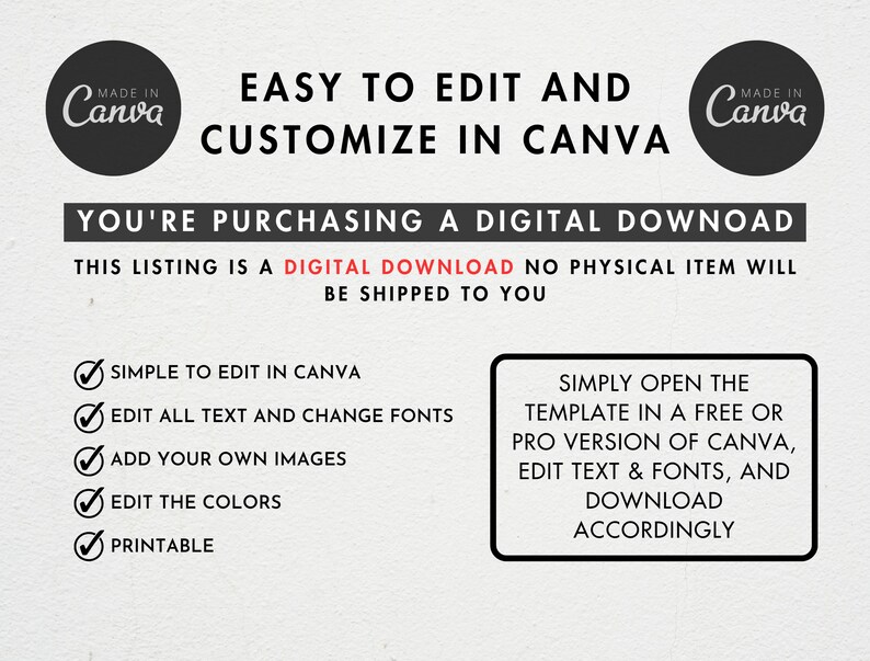 May include: A digital download template for Canva, a graphic design platform. The template is easy to edit and customise. The text on the image reads "Easy to edit and customise in Canva. You're purchasing a digital download. This listing is a digital download. No physical item will be shipped to you. Simple to edit in Canva. Edit all text and change fonts. Add your own images. Edit the colours. Printable. Simply open the template in a free or pro version of Canva, edit text & fonts, and download accordingly."