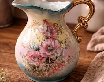 Vintage Floral Creamer Pitcher Gold Handle