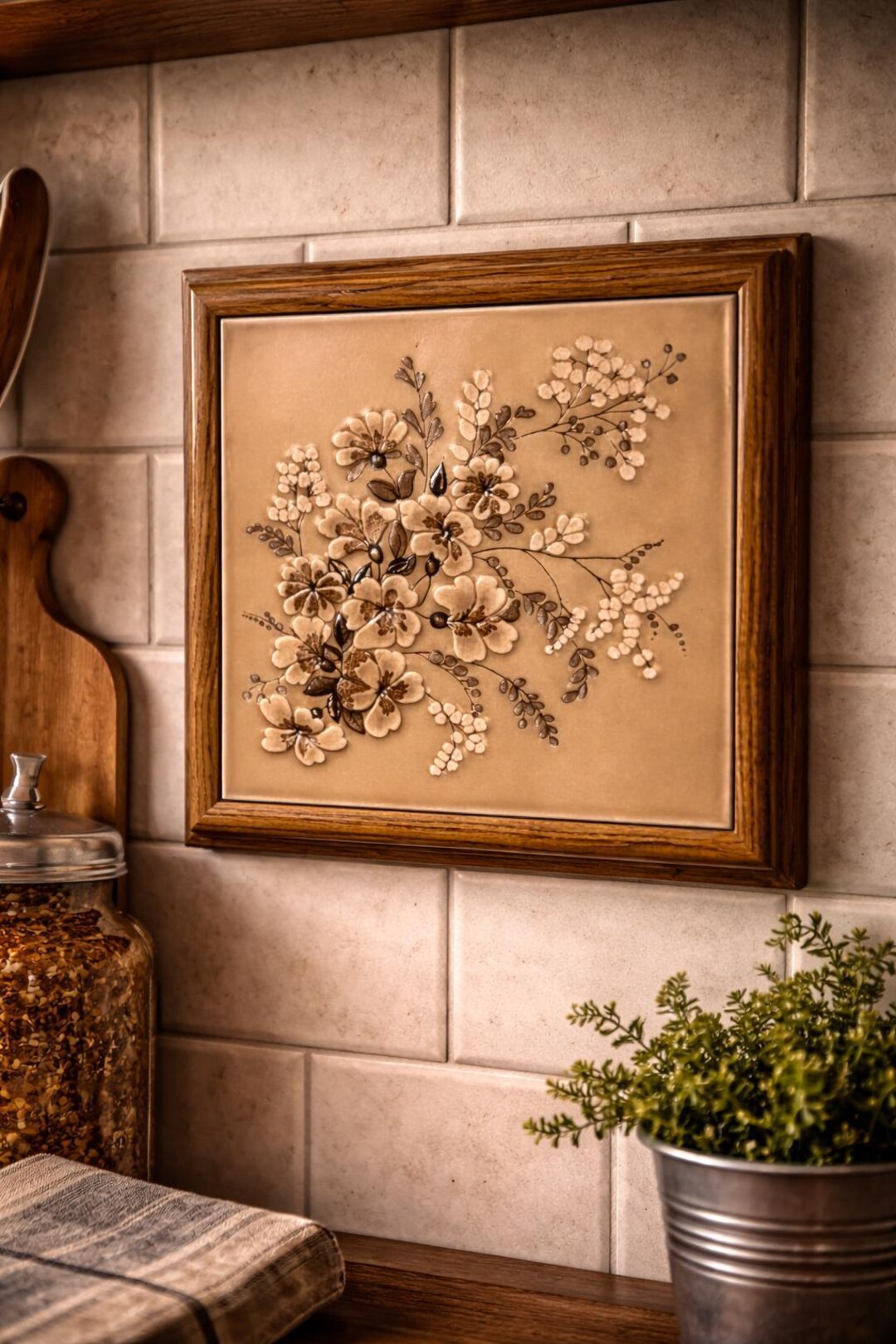 Vintage Italian Ceramic Trivet W/ Wood Frame | Floral Kitchen Decor - Etsy