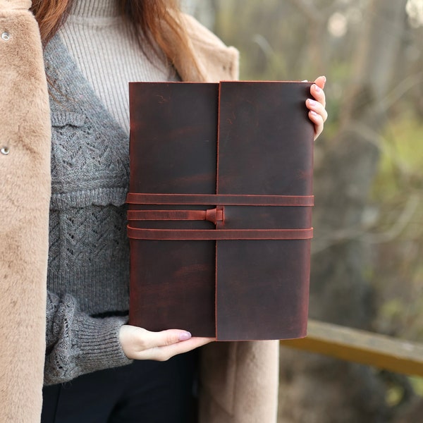 A4 Handmade Leather Journal, Extra Large Leather Wedding Guestbook, Vintage Scrapbook, Personalized Rustic Journal, Gift for her
