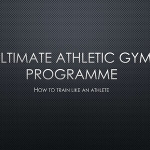 Könnte beinhalten: Dunkelgrauer Hintergrund mit strukturiertem Muster. Der weiße Text lautet "ULTIMATE ATHLETIC GYM PROGRAMME" mit "HOW TO TRAIN LIKE AN ATHLETE" darunter. Das Bild wirbt für ein Fitness- und Athletik-Trainingsprogramm.
