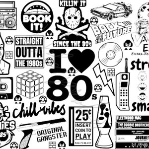 Op de afbeelding: Zwart-witte grafische collage met 80s popcultuuriconen, waaronder een boombox, een cassettebandje, een Rubik's Cube, een hart met de tekst "I love 80s", een vintage videogame, een lava lamp en de tekst "Straight outta the 1980s".