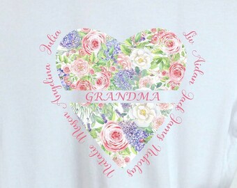 Custom Name Heart T-Shirt, Mother’s Day Shirt, Personalized Grandma TShirt, Kids Names, Mom Gift from Kids, Gift for Mom, Mommy Birthday