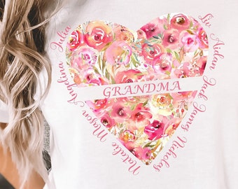 Custom Name Heart T-Shirt, Mother’s Day Shirt, Personalized Grandma TShirt, Kids Names, Mom Gift from Kids, Gift for Mom, Mommy Birthday