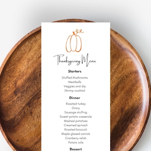 Szablon menu na kolację z okazji Święta Dziękczynienia, Szablon menu do wydruku, Minimalistyczne menu na Święto Dziękczynienia, Edytowalne menu, Menu na kolację jesienną, Organizacja Święta Dziękczynienia