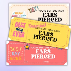 Ohr Piercing Gutscheine, Ohr Piercing Gutschein, Geburtstagsüberraschung Geschenkgutschein Erstes Piercing, Ohrring Gutschein Teen Tween Printable