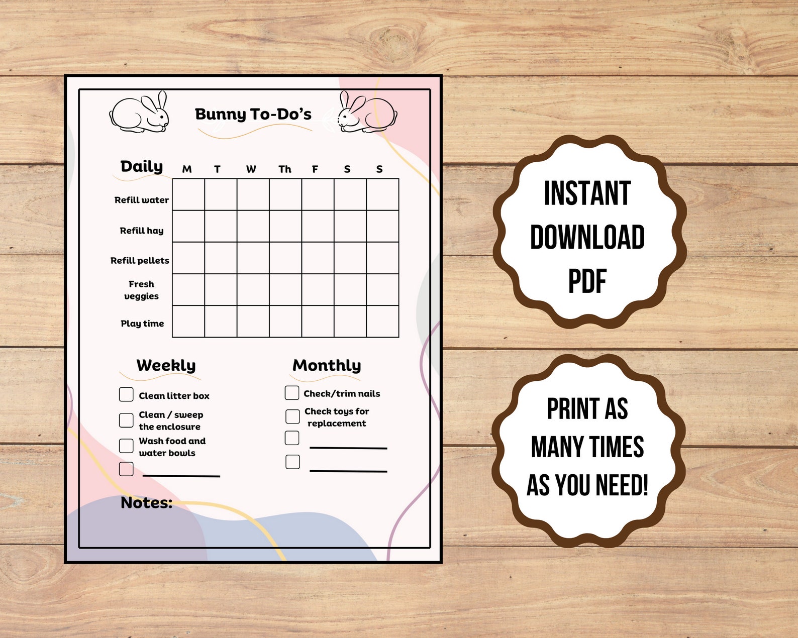 Rabbit Care Chart, Bunny Rabbit Daily Care, Rabbit Daily & Weekly Chore ...