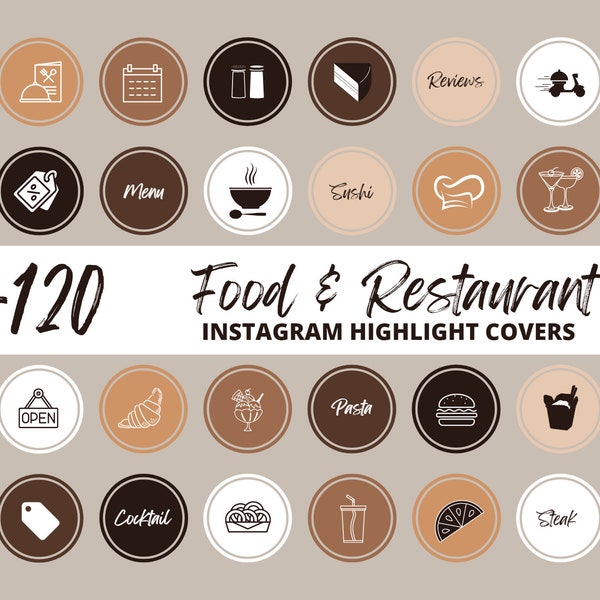120 Food & Restaurant Instagram Highlight Covers | Highlight Cover Templates | Instagram Engagement Templates | Brown beige Templates