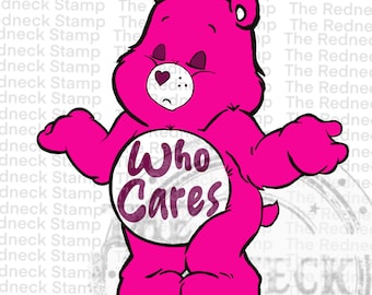 May include: A pink cartoon bear with a white belly and the words "Who Cares" written in purple on it. The bear has a heart on its nose and is standing with its arms outstretched.