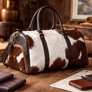 May include: A cowhide duffel bag with brown leather accents. The bag features a white and brown spotted pattern, a top handle, and a shoulder strap. The bag is sitting on a wooden table.