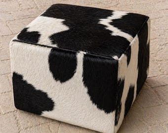 Cowhide Pouf Ottoman – Genuine Leather Cow Hide Footstool, Boho Floor Cushion, Rustic Home Decor, Handmade Leather Pouf, Boho Decor Gift