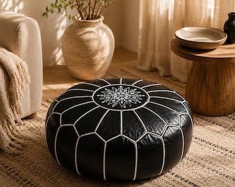 Genuine Leather Pouf Ottoman | Vintage Round Footstool & Coffee Table | Handcrafted Floor Cushion, coffee table, extra seating, or storage,