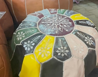 Handmade Moroccan Leather Pouf Ottoman, Colorful Patchwork Ottoman Footrest, Brown Boho Floor Cushion (Unstuffed)