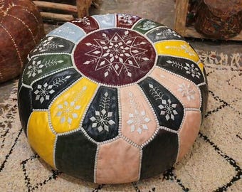 Taburete de cuero hecho a mano, redondo, tapizado, marroquí, otomana, puf redondo de cuero, puf artesanal, regalo, taburete otomano