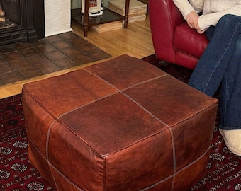 Leather Ottoman Coffee Table, Moroccan Pouf Footstool, Modern Square Floor Cushion