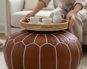 Brown Leather Footstool Ottoman Coffee Table, Dark Brown Leather Hassock Ottoman,Moroccan Leather Pouf, Handmade Round Leather Ottoman Pouf