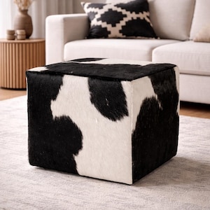 Real Cowhide Leather Pouf Ottoman – Handmade Moroccan Square Footstool, Hair-On Hide Cube Pouf, Boho Rustic Home Decor, Unstuffed 18x18