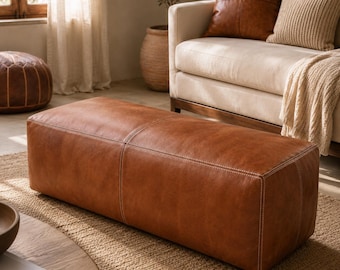 Large Genuine Leather Pouf Ottoman, Handmade Floor Cushion, Square Moroccan Leather Footrest, Floor Seat Boho Decor, Dark Brown