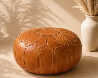 Handmade Moroccan Leather Pouf, Genuine Natural Leather Ottoman, Boho Home Decor Footstool, Artisan Floor Cushion, Round brown leather pouf