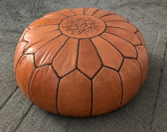 Puf otomano de cuero, puf de cuero, puf otomano marrón, puf otomano marrón, puf de cuero genuino hecho a mano, reposapiés redondo, cojín de suelo marrón