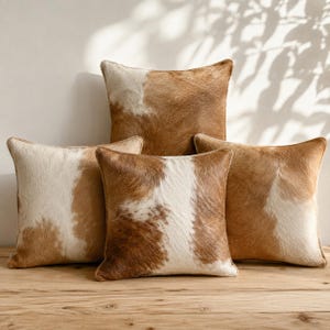 Kissenbezug aus Kuhfell, braun-weißes Dekokissen mit Fellbesatz, Echtlederkissen, Landhausstil/Western-Dekoration, Geschenkidee für Sie